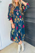 Southern Floral Print Gathered Neckline Seven Eighth Sleeve Midi Dress