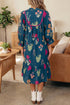 Southern Floral Print Gathered Neckline Seven Eighth Sleeve Midi Dress