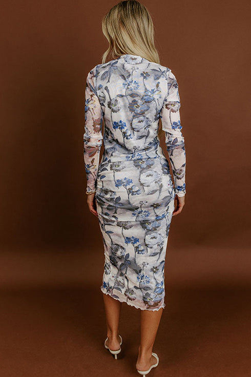 Southern Floral Print Long Sleeve Bodycon Sheath Midi Dress