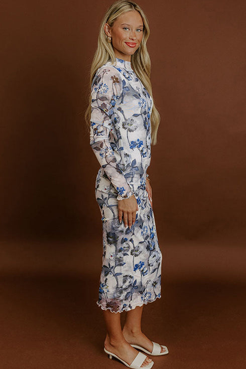 Southern Floral Print Long Sleeve Bodycon Sheath Midi Dress