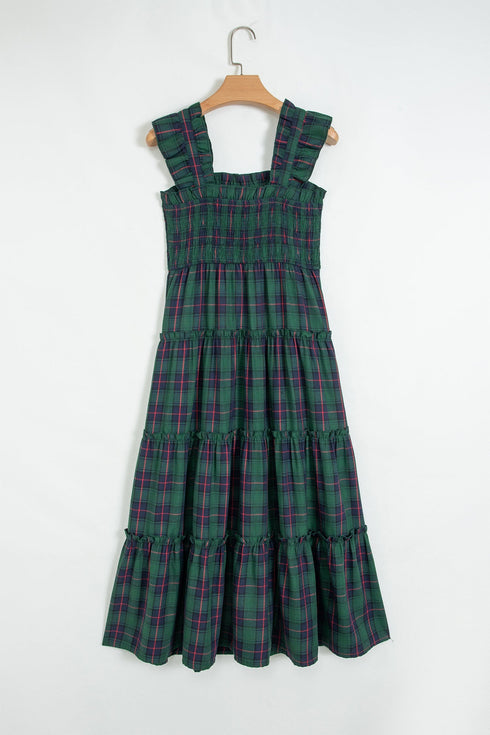Southern Plaid Ruffle Sleeveless Shirred Bodice Tiered Midi Dress