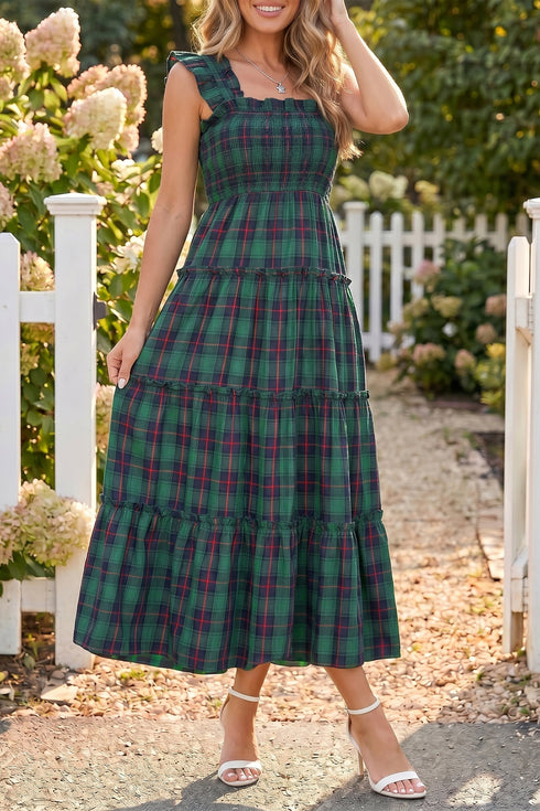 Southern Plaid Ruffle Sleeveless Shirred Bodice Tiered Midi Dress