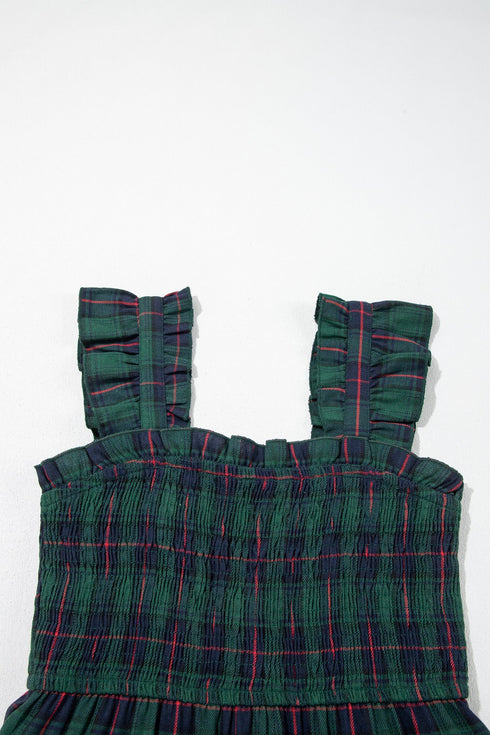 Southern Plaid Ruffle Sleeveless Shirred Bodice Tiered Midi Dress
