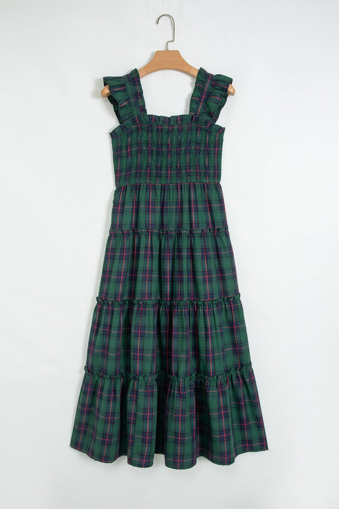 Southern Plaid Ruffle Sleeveless Shirred Bodice Tiered Midi Dress