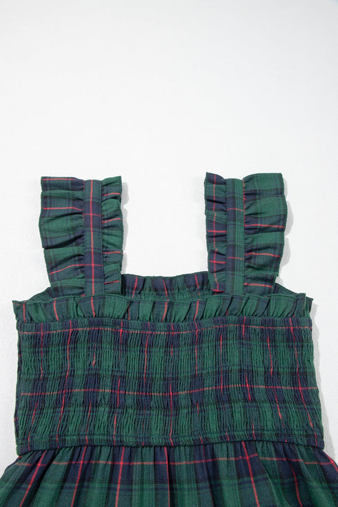 Southern Plaid Ruffle Sleeveless Shirred Bodice Tiered Midi Dress