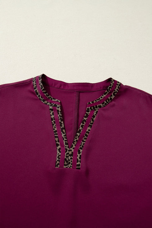 Southern Style Leopard Trim V Neck Short Sleeve Blouse
