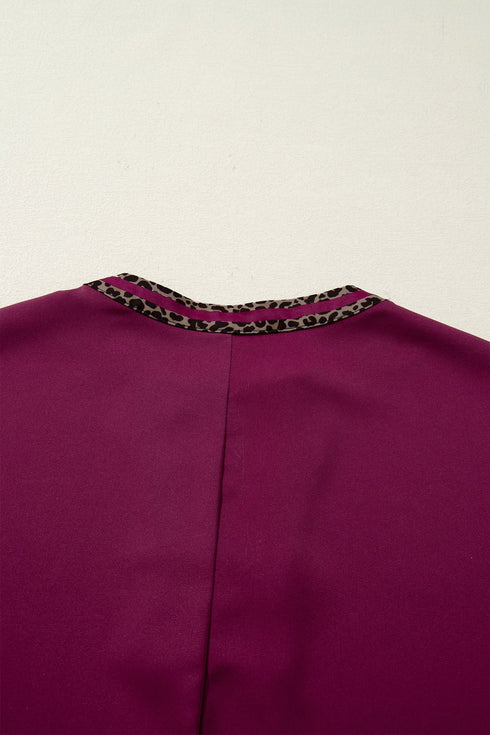 Southern Style Leopard Trim V Neck Short Sleeve Blouse