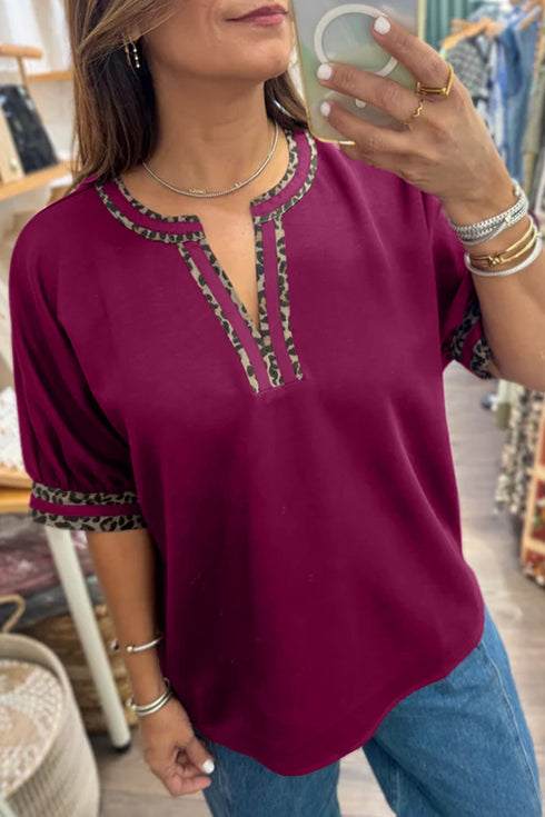 Southern Style Leopard Trim V Neck Short Sleeve Blouse