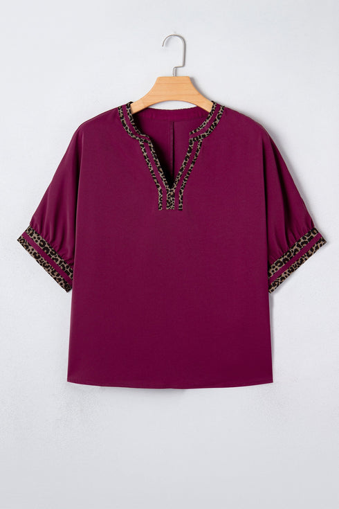 Southern Style Leopard Trim V Neck Short Sleeve Blouse