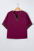 Southern Style Leopard Trim V Neck Short Sleeve Blouse