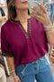 Southern Style Leopard Trim V Neck Short Sleeve Blouse