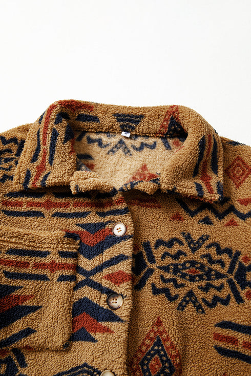 Southwestern Aztec Print Sherpa Fleece Shirt Jacket
