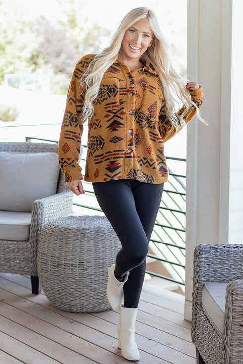 Southwestern Aztec Print Sherpa Fleece Shirt Jacket
