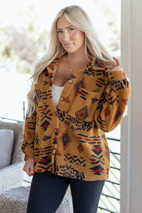 Southwestern Aztec Print Sherpa Fleece Shirt Jacket