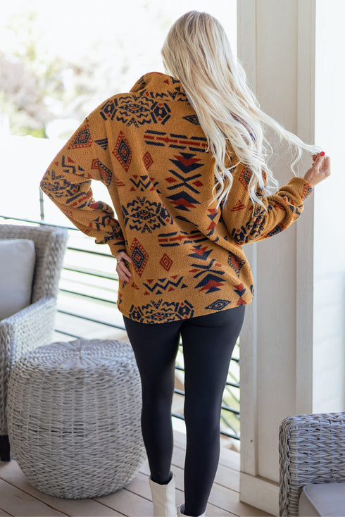 Southwestern Aztec Print Sherpa Fleece Shirt Jacket