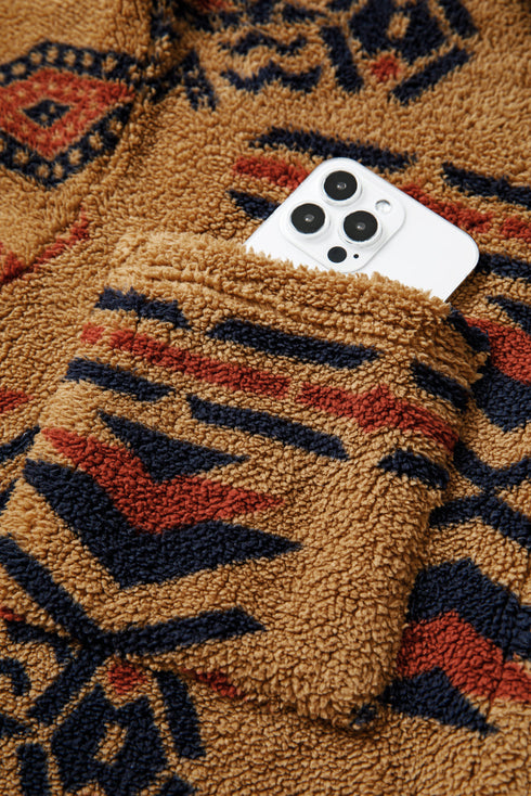 Southwestern Aztec Print Sherpa Fleece Shirt Jacket