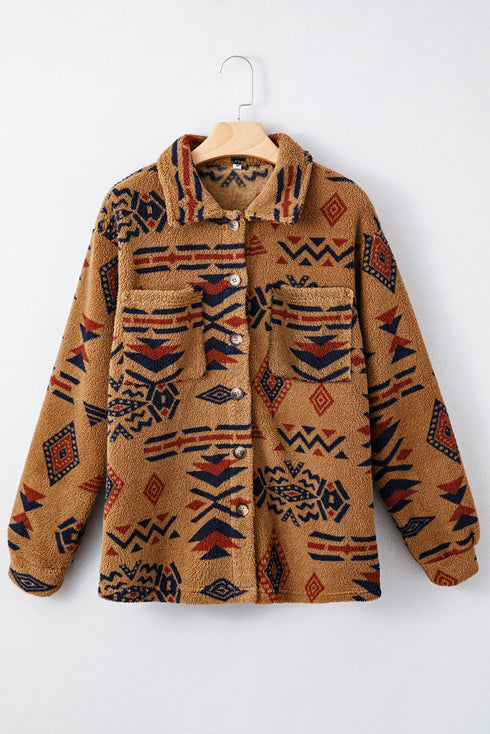 Southwestern Aztec Print Sherpa Fleece Shirt Jacket