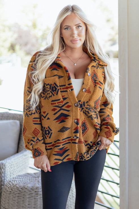 Southwestern Aztec Print Sherpa Fleece Shirt Jacket