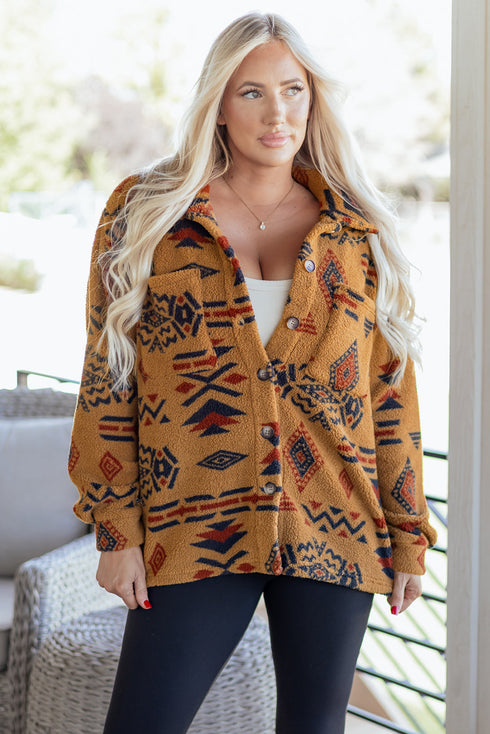 Southwestern Aztec Print Sherpa Fleece Shirt Jacket