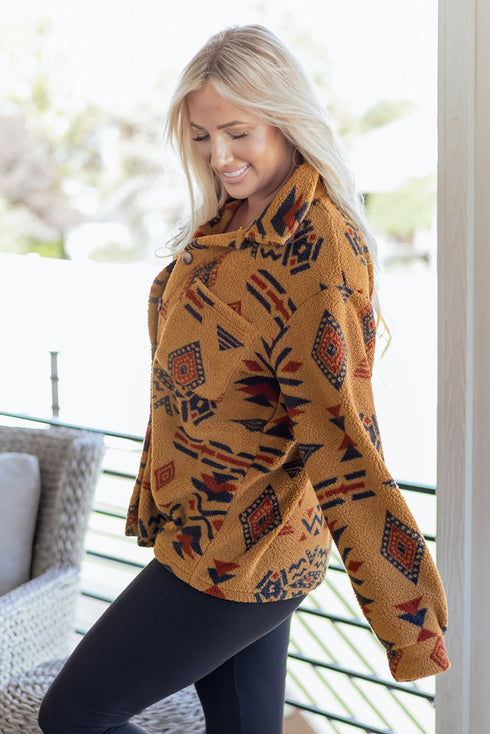 Southwestern Aztec Print Sherpa Fleece Shirt Jacket