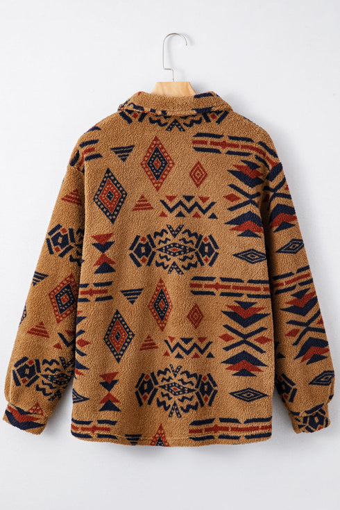 Southwestern Aztec Print Sherpa Fleece Shirt Jacket