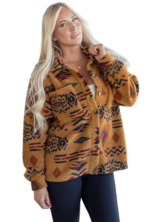 Southwestern Aztec Print Sherpa Fleece Shirt Jacket