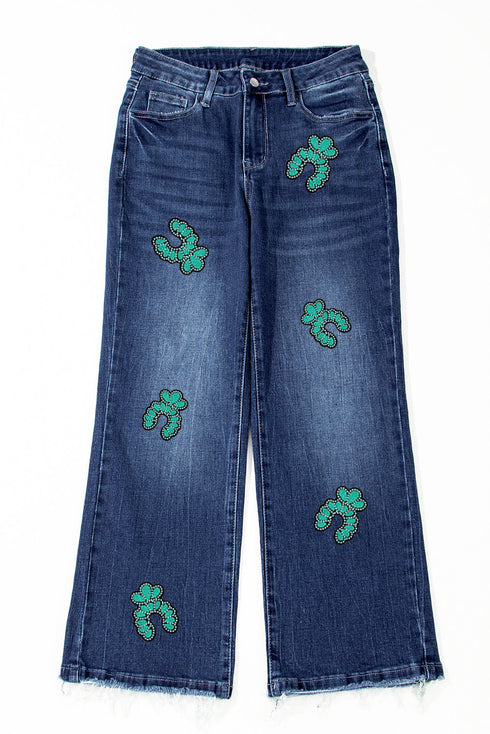 Southwestern Embellished Saguaro Cactus High Rise Cropped Flare Jeans