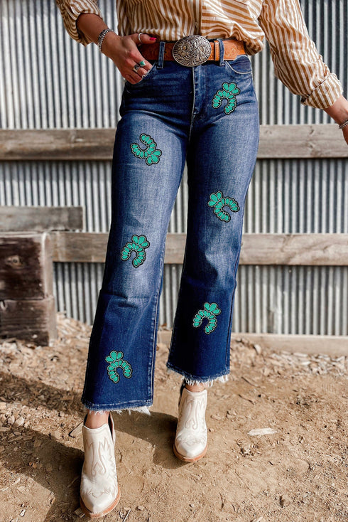 Southwestern Embellished Saguaro Cactus High Rise Cropped Flare Jeans