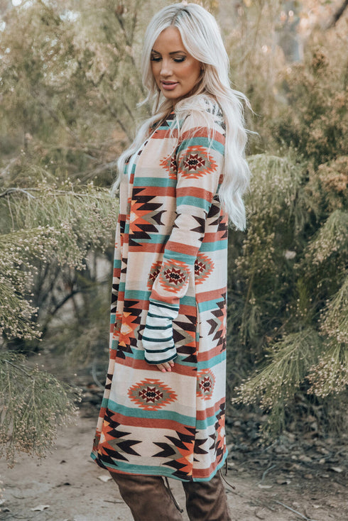 Southwestern Geometric Print Midi Length Open Front Cardigan