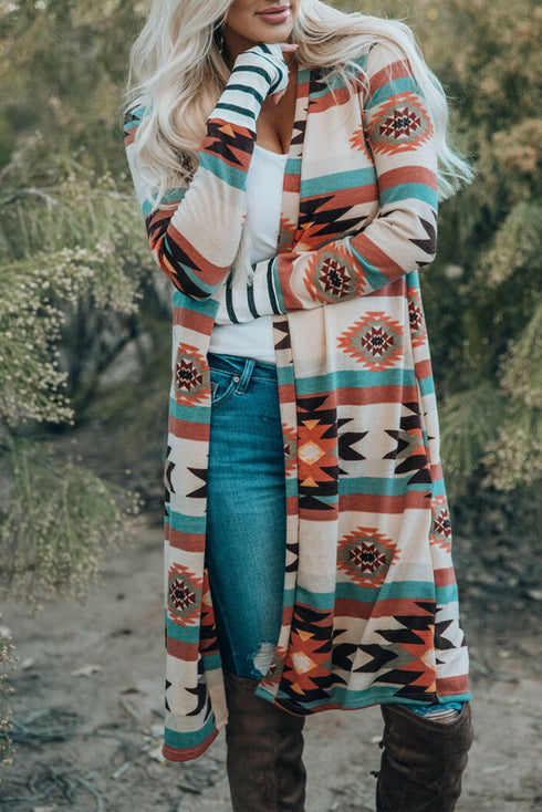 Southwestern Geometric Print Midi Length Open Front Cardigan