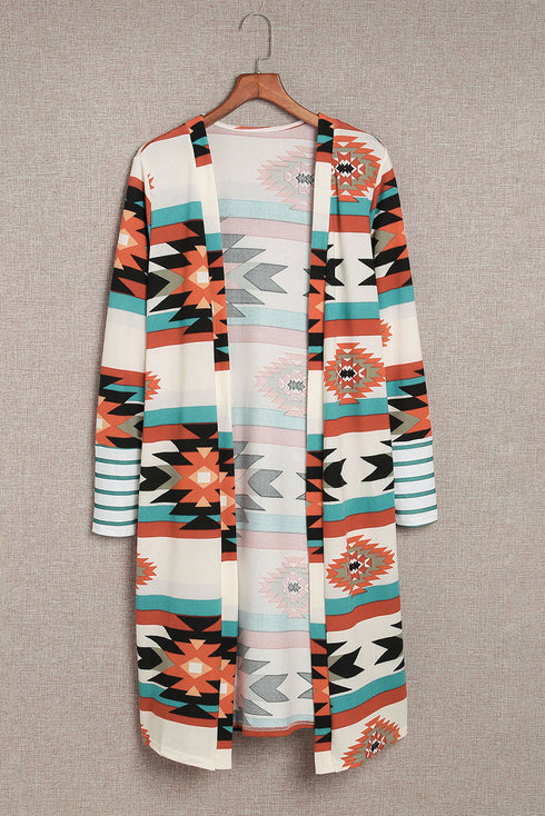 Southwestern Geometric Print Midi Length Open Front Cardigan