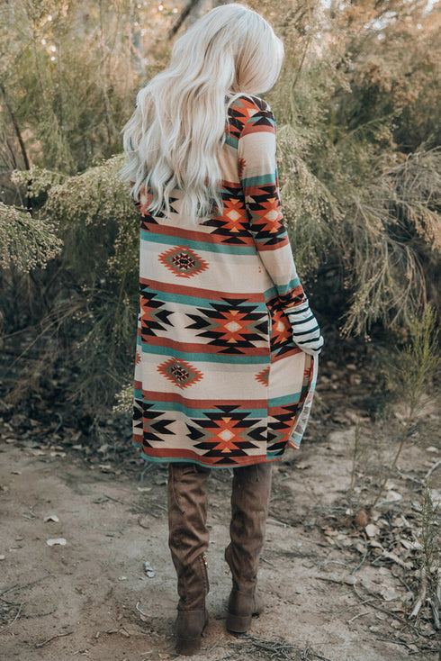 Southwestern Geometric Print Midi Length Open Front Cardigan