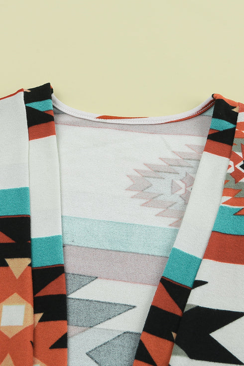 Southwestern Geometric Print Midi Length Open Front Cardigan