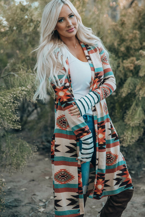 Southwestern Geometric Print Midi Length Open Front Cardigan