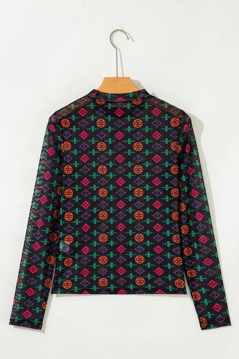 Southwestern Geometric Print Mock Neck Sheer Mesh Top