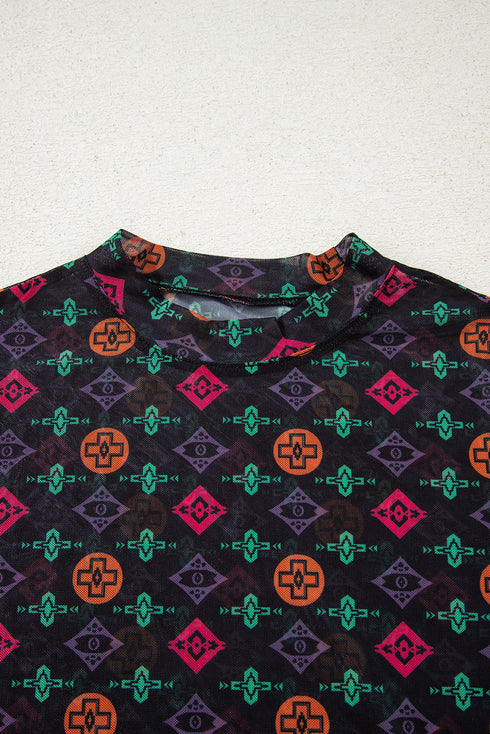 Southwestern Geometric Print Mock Neck Sheer Mesh Top