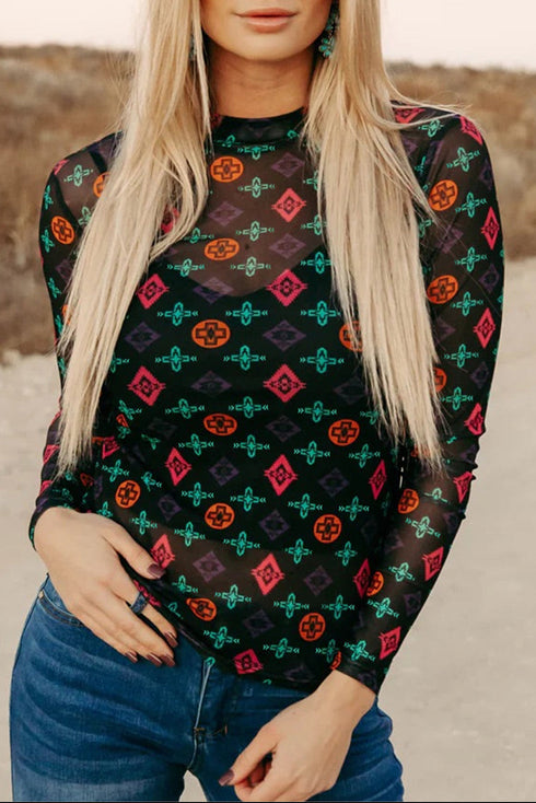 Southwestern Geometric Print Mock Neck Sheer Mesh Top