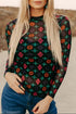 Southwestern Geometric Print Mock Neck Sheer Mesh Top