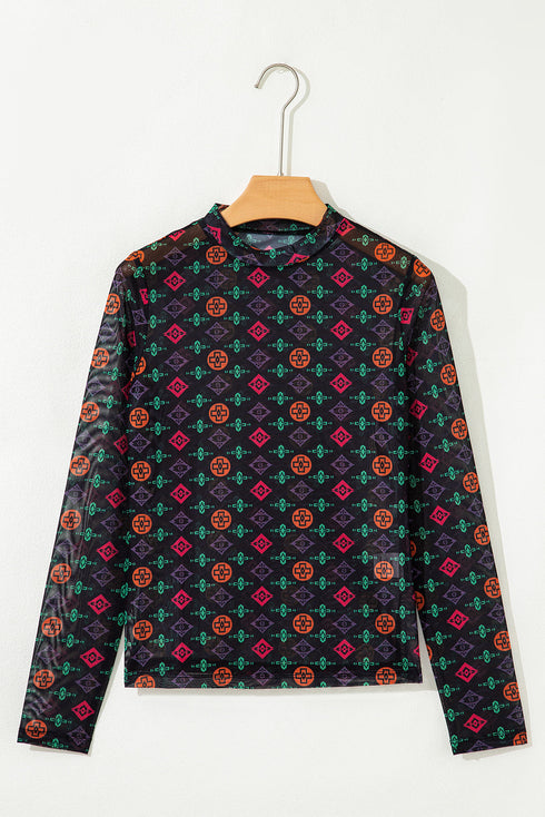 Southwestern Geometric Print Mock Neck Sheer Mesh Top