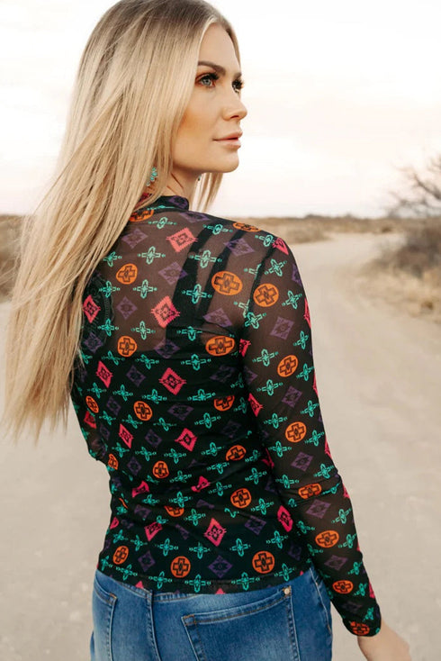 Southwestern Geometric Print Mock Neck Sheer Mesh Top
