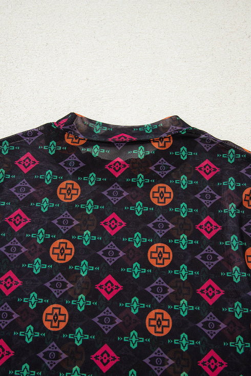 Southwestern Geometric Print Mock Neck Sheer Mesh Top