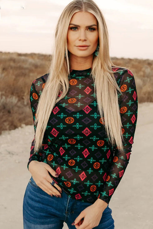 Southwestern Geometric Print Mock Neck Sheer Mesh Top