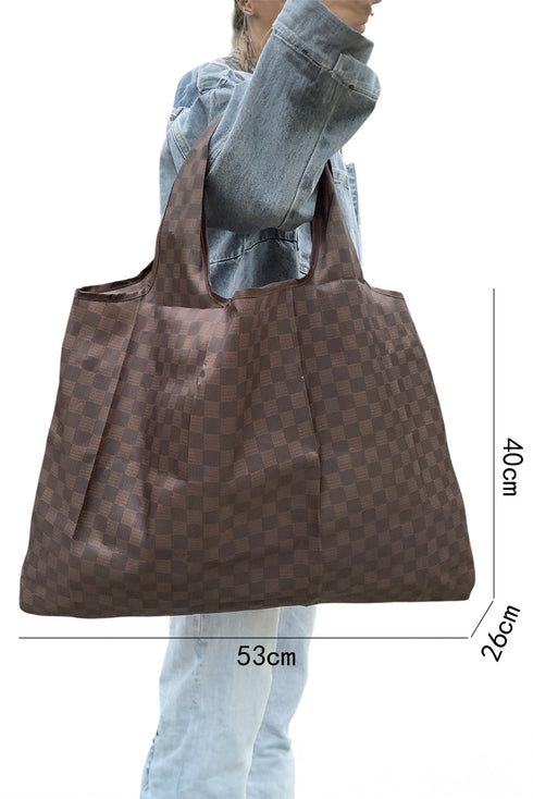 Spacious Checkered Print Polyester Daily Shoulder Tote Bag