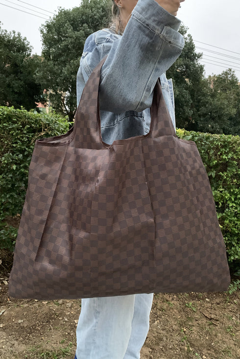 Spacious Checkered Print Polyester Daily Shoulder Tote Bag
