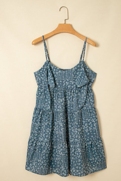 Spaghetti Strap Knot Detail Floral Print Flared Dress