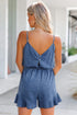 Spaghetti Strap V Neck Belted Ruffled Chambray Romper