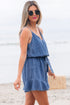 Spaghetti Strap V Neck Belted Ruffled Chambray Romper