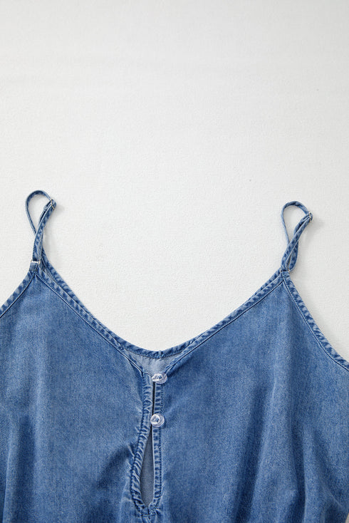 Spaghetti Strap V Neck Belted Ruffled Chambray Romper