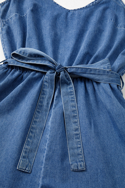 Spaghetti Strap V Neck Belted Ruffled Chambray Romper