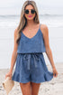 Spaghetti Strap V Neck Belted Ruffled Chambray Romper